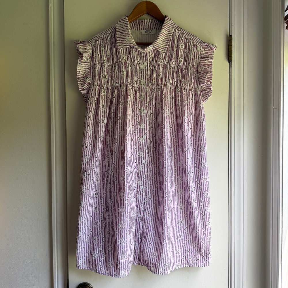 Avara Purple White Striped Eyelet Smocked Ruffle Mini Dress AVD32089 Women Small